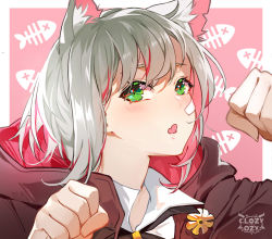 Rule 34 | 1girl, animal ear fluff, animal ears, artist name, bandage on face, bandages, bandaid, bandaid on face, border, brown jacket, cat ears, clenched hands, closz, collared shirt, commentary, english commentary, fish bone, green eyes, grey hair, highres, hood, hooded jacket, jacket, kemonomimi mode, looking at viewer, miyu ottavia, multicolored hair, nijisanji, nijisanji id, open mouth, patterned background, pink background, pink hair, shirt, short hair, solo, streaked hair, two-tone hair, virtual youtuber, watermark, white border, white shirt