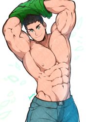 Rule 34 | 1boy, abs, absurdres, bara, bare pectorals, black hair, blue pants, closed mouth, clothes lift, green eyes, green shirt, highres, kuroshinki, large pectorals, lifting own clothes, looking at viewer, love tractor, male focus, muscular, muscular male, navel, nipples, pants, pectorals, shirt, shirt lift, short hair, smile, solo, undressing, yechan suh
