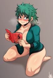 Rule 34 | 1girl, all might, blush, boku no hero academia, book, bottomless, breasts, cleavage, embarrassed, freckles, genderswap, genderswap (mtf), green eyes, green hair, heavy breathing, highres, holding, holding magazine, jacket, jmg, kneeling, large breasts, looking at viewer, magazine (object), manga (object), medium hair, messy hair, midoriya izuku, naked jacket, no bra, no panties, open book, open clothes, open jacket, pornography, sitting, solo, sweat, thick thighs, thighs, wavy mouth, yaoi (object)
