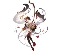 1girl :d aiming azusa_yumi_(phantom_of_the_kill) bow_(weapon) brown_eyes brown_hair brown_thighhighs detached_sleeves floating_hair full_body furisode geta highres holding holding_bow_(weapon) holding_weapon japanese_clothes kimono long_hair looking_at_viewer official_art open_mouth phantom_of_the_kill platform_clogs platform_footwear side_slit simple_background smile solo tachi-e thighhighs thighs third-party_source transparent_background weapon white_kimono