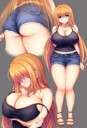 Rule 34 | 1girl, ass, black shirt, blush, breasts, cleavage, curvy, denim, denim shorts, huge ass, large breasts, long hair, looking at viewer, mole, mole on breast, mole under eye, navel, okabe gyoza, orange hair, original, plump, purple eyes, shirt, short shorts, shorts, simple background, solo, stomach, tank top, thick thighs, thighs, wide hips