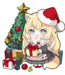 Rule 34 | 1girl, :3, animal ear fluff, animal ears, apron, black dress, blonde hair, chibi, christmas tree, colored inner hair, dress, fox ears, fox girl, fox tail, frilled dress, frills, fuwafuwa-chan (kamiyoshi rika), gift, green eyes, hat, highres, holding, holding gift, kamiyoshi rika, looking at viewer, maid, maid apron, multicolored hair, open mouth, original, red footwear, santa hat, simple background, smile, solo, star (symbol), tail, white background, white hair