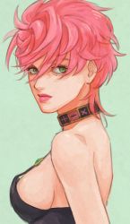 Rule 34 | 1girl, breasts, choker, commentary request, female focus, from side, green background, green eyes, highres, jinnseigame, jojo no kimyou na bouken, looking back, medium breasts, pink hair, short hair, simple background, solo, trish una, upper body, vento aureo