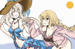 Rule 34 | 2girls, bikini, blonde hair, blush, braid, closed eyes, fate/apocrypha, fate/grand order, fate (series), grey eyes, hat, holding hands, jacket, jacket over swimsuit, jeanne d&#039;arc (fate), jeanne d&#039;arc (ruler) (fate), jeanne d&#039;arc (white cruising) (fate), marie antoinette (fate), marie antoinette (swimsuit caster) (third ascension) (fate), multiple girls, silver hair, sweat, swimsuit, twintails