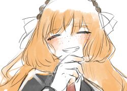 Rule 34 | 1girl, black jacket, blush, bow, brown hairband, closed eyes, collared shirt, freckles, grin, hair bow, hairband, hand up, ishmael (project moon), jacket, limbus company, long hair, necktie, orange hair, project moon, red necktie, rope, sensu (mikanaboon), shirt, simple background, smile, solo, very long hair, white background, white bow, white shirt