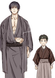 Rule 34 | 1boy, 1girl, age difference, aged down, arm out of sleeve, black hair, blue eyes, blush stickers, closed mouth, commentary request, fushiguro touji, height difference, japanese clothes, jujutsu kaisen, kimono, long sleeves, looking at viewer, male focus, multiple boys, nori20170709, pectorals, scar, scar on face, scar on mouth, short hair, simple background, smile, white background, wide sleeves, zenin maki