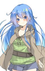 Rule 34 | 1girl, blue eyes, blue hair, blue skirt, blush, breasts, cleavage, commentary, dot nose, duel monster, eria the water charmer, eyes visible through hair, green shirt, highres, long hair, looking at viewer, medium breasts, raion (inoueraion), shirt, simple background, skirt, solo, white background, yu-gi-oh!