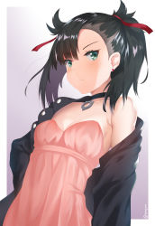 Rule 34 | 1girl, absurdres, asymmetrical bangs, black choker, black hair, black jacket, blush, border, breasts, choker, closed eyes, collarbone, creatures (company), dress, earrings, game freak, gradient background, green eyes, grey background, hair ribbon, highres, jacket, jewelry, looking at viewer, marnie (pokemon), nintendo, off shoulder, open clothes, open jacket, outside border, pink dress, pokemon, pokemon swsh, red ribbon, ribbon, single bare shoulder, small breasts, solo, strapless, strapless dress, twintails, twitter username, vitotraps, white border