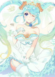 Rule 34 | 1girl, alternate costume, blonde hair, blue eyes, blue hair, breasts, crown, dakun, dress, dress tug, garter belt, garter straps, gloves, hand on own chest, large breasts, league of legends, leg lift, long hair, looking at viewer, low neckline, multicolored hair, off shoulder, one eye closed, parted lips, solo, sona (league of legends), thighhighs, thighs, twintails, two-tone hair, veil, very long hair, wedding dress, white dress, white thighhighs