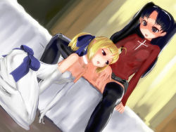 Rule 34 | 2girls, ahoge, artoria pendragon (all), artoria pendragon (fate), bare shoulders, black hair, black legwear, blonde hair, blue eyes, blush, bottomless, brown eyes, choker, cross, cunnilingus, drawing, dress, dutch angle, elbow gloves, fate/stay night, fate (series), female focus, femdom, gasketsu, gloves, hair ribbon, highres, kneeling, long hair, looking down, multiple girls, no panties, official alternate costume, on bed, open mouth, oral, ponytail, pussy, ribbon, saber (fate), saliva, saliva trail, sitting, skirt, smile, spread legs, thighhighs, tohsaka rin, twintails, two side up, type-moon, uncensored, upskirt, wedding dress, yuri