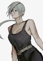 Rule 34 | 1girl, belt, black pants, black tank top, breasts, chainsaw man, cleavage, eyepatch, grey hair, highres, long hair, looking to the side, medium breasts, pants, ponytail, quanxi (chainsaw man), shirt tucked in, simple background, solo, tank top, white background, yohohoi