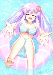 Rule 34 | absurdres, bare shoulders, belly, bikini, breasts, cleavage, feet, floar, hair ornament, hairclip, happy, highres, knees, long hair, midriff, navel, nepgear, neptune (series), open mouth, purple hair, rubber float, rubber ring, small breasts, swimsuit, swirl gear, thighs, toes, water