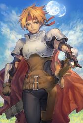 Rule 34 | 1boy, arm guards, armor, asymmetrical bangs, asymmetrical legwear, blonde hair, brown eyes, cape, cloud, cloudy sky, cress albane, drawing sword, fighting stance, full body, gloves, grass, hair between eyes, headband, highres, holding, holding sword, holding weapon, kin mokusei, leather, plate armor, ready to draw, red cape, red headband, scabbard, sheath, short sleeves, shoulder armor, sky, solo, strap, sword, tales of (series), tales of phantasia, upper body, walking, weapon