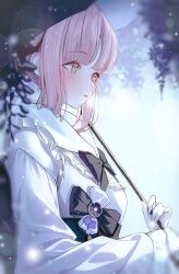 Rule 34 | 1girl, absurdres, alternate costume, blue archive, blush, from side, highres, holding, holding umbrella, japanese clothes, kimono, long sleeves, mika (blue archive), obi, orecalc3092, parted lips, pink hair, sash, short hair, solo, umbrella, upper body, white kimono, yellow eyes