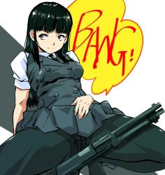 Rule 34 | 1girl, black hair, black necktie, brown eyes, buttons, closed mouth, commentary request, crotch seam, double-breasted, grey pantyhose, grey skirt, grey vest, gun, kamisimo 90, long hair, looking to the side, necktie, original, panties, panties under pantyhose, pantyhose, pleated skirt, puffy sleeves, school uniform, shirt, short sleeves, shotgun, skirt, solo, squatting, underwear, uniform, vest, weapon, white shirt