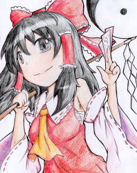Rule 34 | 1girl, ascot, bare shoulders, between fingers, black eyes, black hairband, bow, breasts, collared shirt, colored pencil (medium), detached sleeves, frilled bow, frilled hair tubes, frills, gohei, hair bow, hair tubes, hairband, hakurei reimu, highres, holding, holding gohei, janas, medium hair, red bow, red ribbon, red shirt, ribbon, ribbon-trimmed sleeves, ribbon trim, sarashi, shirt, simple background, sleeveless, sleeveless shirt, small breasts, solo, touhou, traditional media, upper body, white background, wide sleeves, yellow ascot