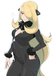 Rule 34 | 1girl, bad id, bad twitter id, black pants, breasts, center opening, cleavage, closed mouth, colored skin, covered navel, creatures (company), cynthia (pokemon), dress, fur trim, game freak, green eyes, hair ornament, hair over one eye, half-closed eyes, hand on own hip, highres, hip focus, ikuchan kaoru, long hair, long sleeves, medium breasts, multicolored skin, nintendo, pants, pink lips, pokemon, pokemon dppt, sigh, simple background, skin tight, skindentation, smile, solo, very long hair, white background