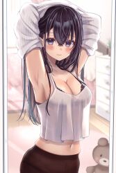 Rule 34 | 1girl, absurdres, armpits, arms up, bedroom, black bra, black hair, black panties, black pantyhose, blue eyes, blush, botamochi (botabutasan), bra, breasts, camisole, cleavage, clothes lift, highres, indoors, large breasts, lifted by self, long hair, navel, no pants, original, panties, panties under pantyhose, pantyhose, shirt, shirt lift, solo, underwear, undressing, upper body, white camisole, white shirt