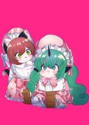 Rule 34 | 2girls, :3, alternate costume, animal ear fluff, animal ears, blush, bow, bowtie, brown hair, cat ears, cat tail, chen, chibi, curly hair, dog ears, food print, frills, green eyes, green hair, highres, horns, komano aunn, long hair, multiple girls, pink background, pink bow, sandals, serious, short hair, single horn, sitting, source request, strawberry print, striped, tail, thick eyebrows, touhou, uchisaki himari, very long hair, white bow