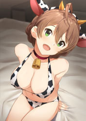 Rule 34 | 1girl, 2021, :d, ahoge, animal ears, animal print, bare shoulders, bell, bikini, blush, braid, breasts, brown hair, chinese zodiac, cleavage, collar, collarbone, cow ears, cow girl, cow horns, cow print, cowbell, fake horns, from above, green eyes, hair between eyes, horns, idolmaster, idolmaster million live!, idolmaster million live! theater days, large breasts, looking at viewer, looking up, namidate, navel, neck bell, on bed, open mouth, print bikini, sakuramori kaori, sitting, smile, solo, swimsuit, year of the ox