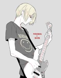 Rule 34 | 1boy, awara kayu, band shirt, bass guitar, blonde hair, commentary request, cowboy shot, from side, grey background, holding, instrument, male focus, merchandise, nakarai keijin, nirvana (band), pants, profile, shirt, short hair, short sleeves, simple background, sketch, solo, t-shirt, tokyo ghoul, tokyo ghoul:re