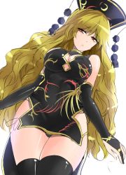 Rule 34 | 1girl, alternate costume, bare shoulders, black gloves, black thighhighs, blonde hair, breasts, bridal gauntlets, china dress, chinese clothes, cleavage, commentary request, cowboy shot, dress, elbow gloves, gloves, hair between eyes, headdress, highres, junko (touhou), large breasts, long hair, looking at viewer, panties, panty peek, pelvic curtain, pom pom (clothes), red eyes, short dress, simple background, sleeveless, sleeveless dress, solo, standing, tassel, thighhighs, thighs, touhou, underwear, very long hair, white background, y2
