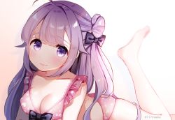 Rule 34 | 1girl, ahoge, azur lane, bad id, bad pixiv id, bare legs, barefoot, bikini, black bow, blurry, blurry background, bow, breasts, cleavage, closed mouth, collarbone, commentary request, depth of field, hair bow, hair bun, leg up, long hair, lying, maeha, medium breasts, on stomach, one side up, pink bikini, purple eyes, purple hair, side bun, single hair bun, single side bun, smile, solo, swimsuit, twitter username, unicorn (azur lane), very long hair