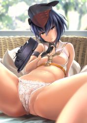Rule 34 | 10s, 1girl, black hair, blurry, blush, breasts, brown eyes, cameltoe, character name, crop top, depth of field, finger to mouth, framed breasts, frills, i-13 (kancolle), index finger raised, kantai collection, lingerie, looking at viewer, lying, navel, nipples, on back, panties, pussy juice, sailor collar, shushing, sleeveless, small breasts, solo, spread legs, submarine, underwear, wa (genryusui), watercraft, white panties