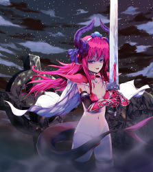 Rule 34 | 1girl, blue eyes, breasts, cape, dragon girl, dragon horns, dragon tail, elizabeth bathory (brave) (fate), elizabeth bathory (fate), fate/grand order, fate (series), fog, highres, horns, looking at viewer, navel, night, night sky, pink hair, roon (ddeer2010), sky, small breasts, tail, tombstone