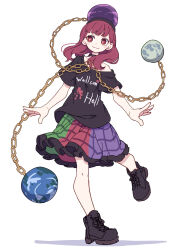 Rule 34 | 1girl, absurdres, black footwear, black headwear, black shirt, blush stickers, chain, closed mouth, clothes writing, earth (ornament), frilled skirt, frills, full body, hecatia lapislazuli, highres, kame (kamepan44231), medium hair, moon (ornament), multicolored clothes, multicolored skirt, one-hour drawing challenge, red eyes, red hair, shirt, shoes, short sleeves, simple background, skirt, smile, solo, touhou, white background