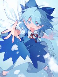 Rule 34 | 1girl, blue bow, blue dress, blue eyes, blue hair, bow, cirno, collared shirt, detached wings, dress, fairy, fang, hair bow, hanaon, highres, ice, ice wings, looking at viewer, open mouth, puffy short sleeves, puffy sleeves, shirt, short hair, short sleeves, signature, smile, socks, solo, touhou, white shirt, white socks, wings