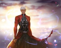 Rule 34 | 1boy, archer (fate), astarone, closed eyes, cloud, dark-skinned male, dark skin, fate/stay night, fate (series), gradient background, male focus, smile, solo, standing, white hair