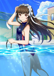 Rule 34 | 00s, 1girl, ass, bare legs, breasts, brown hair, cloud, curvy, female focus, ikkitousen, long hair, looking at viewer, looking back, official art, one-piece swimsuit, outdoors, partially submerged, pool, shiny skin, sky, small breasts, solo, swimsuit, ten&#039;i (ikkitousen), water