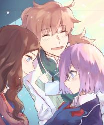 Rule 34 | 1boy, 2girls, adjusting another&#039;s clothes, alternate costume, blue eyes, blue gloves, blue jacket, blush, bow, bowtie, brown hair, closed eyes, closed mouth, commentary request, elbow gloves, fate/grand order, fate (series), glasses, gloves, highres, id card, jacket, lab coat, leonardo da vinci (fate), light purple hair, long hair, maru (ma-ru8), mash kyrielight, mash kyrielight (spring&#039;s new master), multiple girls, official alternate costume, open mouth, orange hair, ponytail, portrait, purple eyes, red bow, romani archaman, school uniform, short hair, smile, uniform, upper body, wavy hair