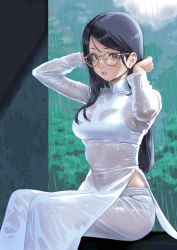 Rule 34 | 1girl, black hair, bra, bra visible through clothes, breasts, brown eyes, dress, glasses, highres, long hair, long sleeves, looking at viewer, nanja, original, parted lips, rain, see-through, side slit, sitting, solo, underwear, vietnamese clothes, vietnamese dress, wet, wet clothes, wet dress, wet hair, white bra, white dress