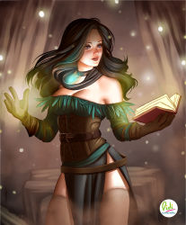 Rule 34 | 1girl, bare shoulders, belt, black hair, book, casting spell, didi esmeralda, feather trim, feathers, holding, holding book, long hair, long sleeves, magic, purple eyes, spell, the witcher (series), the witcher 3, thighhighs, thighs, wavy hair, yennefer