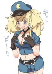 Rule 34 | 1girl, alternate costume, belt, black gloves, blonde hair, blue eyes, blue hat, blue jacket, blue shorts, blush, breasts, cleavage, commentary request, cowboy shot, crop top, cropped jacket, cuffs, gambier bay (kancolle), gloves, handcuffs, hands on own chest, hat, highres, jacket, kantai collection, large breasts, masukuza j, midriff, open mouth, police, police hat, police uniform, policewoman, short shorts, short sleeves, shorts, simple background, solo, standing, sweatdrop, tears, twintails, uniform, white background