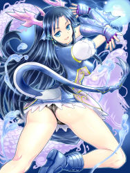 Rule 34 | 1girl, ass, blue eyes, blue footwear, boots, china dress, chinese clothes, dragon tail, dress, fins, head fins, horns, karin (p&amp;d), long hair, open mouth, puzzle &amp; dragons, tail, tsuwabuki-san
