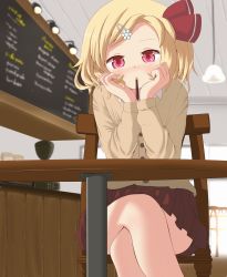 Rule 34 | 1girl, blonde hair, blush, cardigan, chair, contemporary, female focus, food, hair ornament, hair ribbon, hairclip, highres, crossed legs, looking at viewer, maromi gou, mouth hold, pocky, red eyes, ribbon, rumia, sitting, skirt, solo, table, touhou
