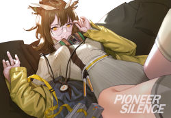 Rule 34 | 1girl, arknights, brown hair, commentary request, compass, feather hair, female focus, glasses, heattech leotard, highleg, highres, jacket, jane xiao, leotard, long sleeves, looking at viewer, lying, mask, mouth mask, official alternate costume, on back, open clothes, open jacket, owl ears, ribbed leotard, round eyewear, short hair, silence (arknights), silence (lacquer) (arknights), smile, solo, thighhighs, thong leotard, turtleneck, vial, white thighhighs, yellow eyes, yellow jacket