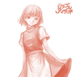 Rule 34 | 1girl, apron, cal (ripple island), closed mouth, copyright name, highres, minamoto80486, monochrome, red theme, ripple island, short hair, short sleeves, simple background, skirt, smile, solo, turtleneck, vest, waist apron, white background