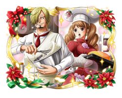 Rule 34 | 1boy, 1girl, blonde hair, bow, brown eyes, brown hair, charlotte pudding, chef hat, cigarette, cooking, flower, formal, hair over one eye, hat, long hair, necktie, official art, one piece, one piece treasure cruise, open mouth, oven mitts, red bow, red necktie, sanji (one piece), short hair, smoking, suit