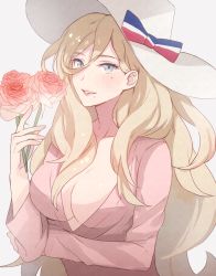 Rule 34 | 1girl, alternate costume, blonde hair, blue eyes, breasts, cleavage, collarbone, flower, grey background, hat, holding, holding flower, kantai collection, kasumi (skchkko), large breasts, lips, long hair, long sleeves, mole, mole under eye, mole under mouth, pink flower, pink rose, richelieu (kancolle), rose, simple background, smile, solo, upper body, white hat