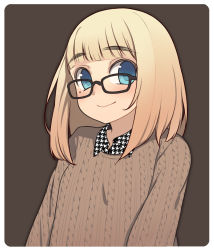 Rule 34 | 1girl, blonde hair, blue eyes, blush, glasses, highres, looking at viewer, original, oza watto, short hair, simple background, smile, solo, upper body