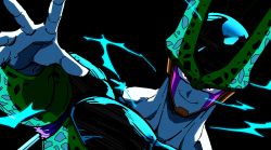 Rule 34 | 1boy, black background, cell (dragon ball), closed mouth, dragon ball, dutch angle, energy, glowing, glowing eyes, hand up, kokusoji, looking at viewer, male focus, perfect cell, pink eyes, simple background, sketch, smile, solo