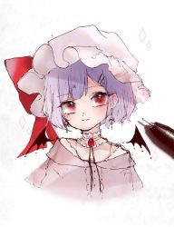 Rule 34 | 1girl, alternate costume, bat wings, choker, commentary, cropped torso, detached wings, earrings, hair ornament, hairclip, hat, hat ribbon, highres, jewelry, light purple hair, light smile, looking at viewer, mob cap, pink hat, pink shirt, red eyes, remilia scarlet, ribbon, shirt, short hair, solo, sparkle, touhou, traditional media, upper body, white background, wings, yukia (yukia 777)
