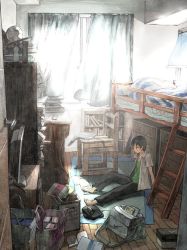 Rule 34 | 1boy, barefoot, bed, black hair, bunk bed, day, game console, indoors, male focus, messy, nike (company), nintendo, nintendo 64, on floor, original, room, short hair, sitting, solo, television, toyo