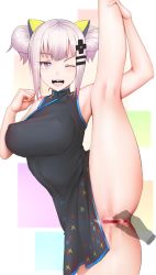 Rule 34 | 1girl, ;d, alternate costume, alternate hairstyle, anus, black dress, blue eyes, breasts, censored, china dress, chinese clothes, covered erect nipples, disembodied limb, dress, female pubic hair, fingering, flexible, ginhaha, hair bun, hair ornament, heart, heart-shaped pupils, kaguya luna, kneepits, large breasts, leg up, looking at viewer, mosaic censoring, no panties, one eye closed, open mouth, pubic hair, pussy, pussy juice, saliva, silver hair, single hair bun, smile, solo focus, split, standing, standing on one leg, standing split, symbol-shaped pupils, the moon studio, virtual youtuber