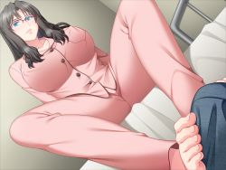 Rule 34 | 1girl, artist request, barefoot, bed, black hair, blue eyes, breasts, bulge, feet, footjob, glasses, highres, large breasts, long hair, pajamas, pov, sitting, source request, toes