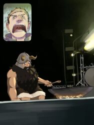 Rule 34 | 2boys, beard, blush, cooking, crying, crying with eyes open, danthemanatee, drum, drum set, dungeon meshi, dwarf, facial hair, fake horns, fan screaming at madison beer (meme), happy tears, helmet, highres, horned helmet, horns, instrument, laios touden, long beard, male focus, meme, motion blur, multiple boys, mustache, photo background, senshi (dungeon meshi), sitting, tareme, tears, thick mustache, very long beard, wok